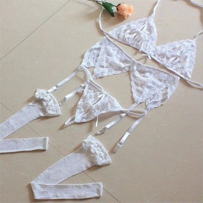 Lace Women Lingerie Set 4 Pcs Sling Open Bra Sexy Wiht Garter Panties Push Up Bra Set Erotic Transparent Underwear Net Stockings luvshop24