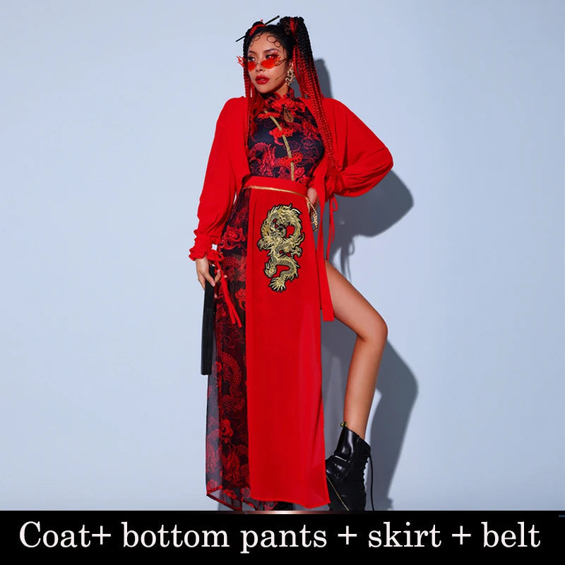 Chinese Style Women'S Jazz Performance Clothes Red Festival Outfits Hip Hop Clothes For Adults Gogo Dance Stage Costumes DQS6259 luvshop24