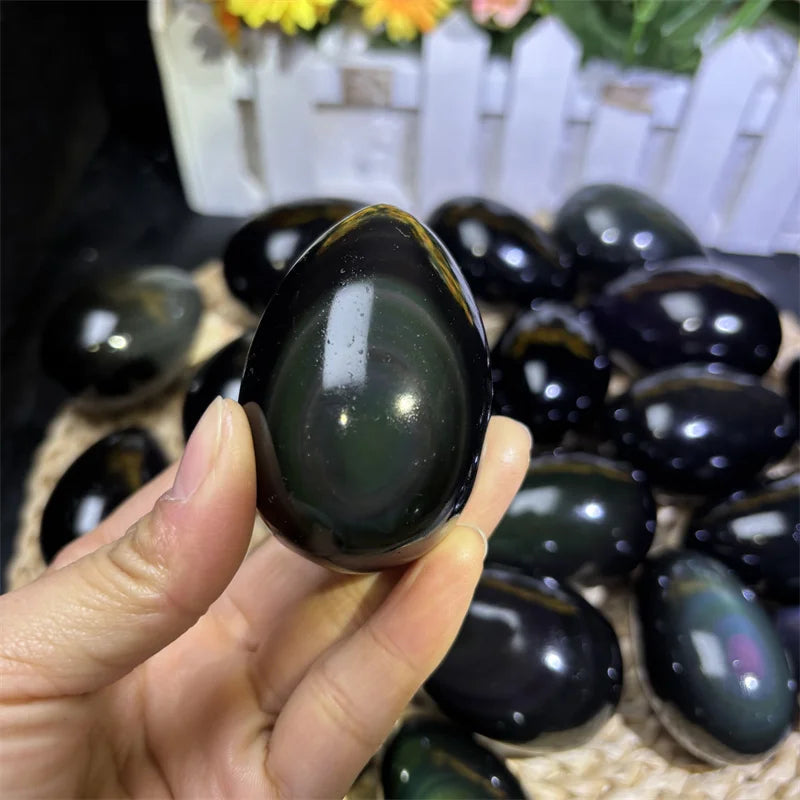 Natural Wand Massager Hand Polished Healing Gemstone Egg Crystal Crafts Rainbow Obsidian Egg for Decoration luvshop24