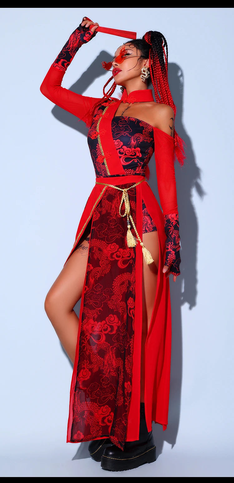 Chinese Style Women'S Jazz Performance Clothes Red Festival Outfits Hip Hop Clothes For Adults Gogo Dance Stage Costumes DQS6259 luvshop24