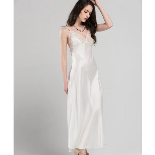 Lace Sexy Sling Sleeping Dress Satin Silk Sleepwear Women Faux Silk Long Bathrobes Female Sleeveless V-Neck Nightgowns C1618 luvshop24