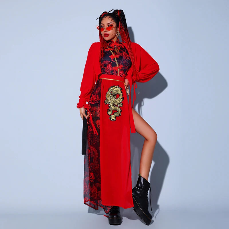 Chinese Style Women'S Jazz Performance Clothes Red Festival Outfits Hip Hop Clothes For Adults Gogo Dance Stage Costumes DQS6259 luvshop24