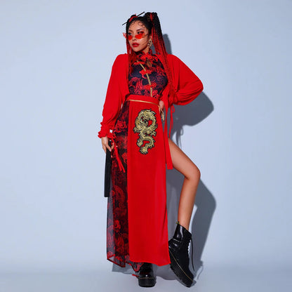 Chinese Style Women'S Jazz Performance Clothes Red Festival Outfits Hip Hop Clothes For Adults Gogo Dance Stage Costumes DQS6259 luvshop24