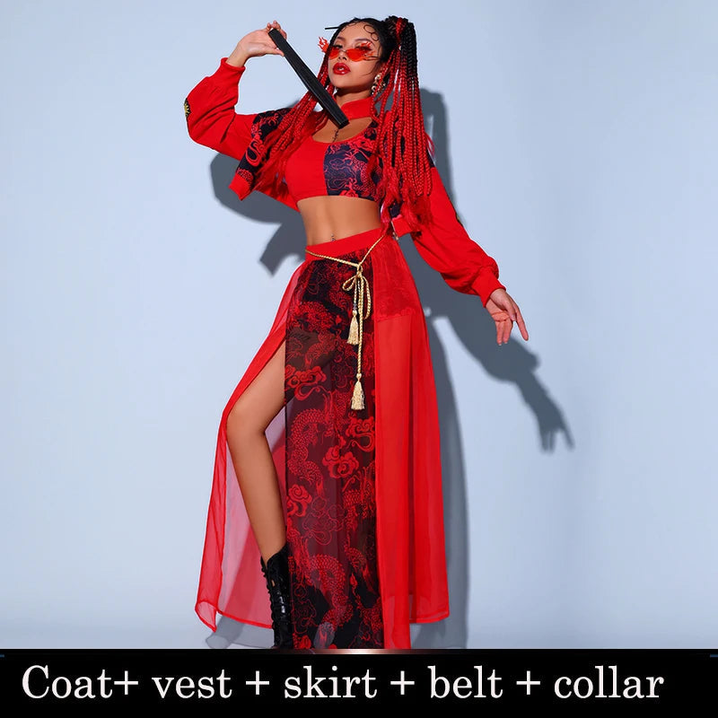 Chinese Style Women'S Jazz Performance Clothes Red Festival Outfits Hip Hop Clothes For Adults Gogo Dance Stage Costumes DQS6259 luvshop24