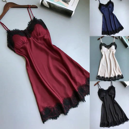 Womens Lace Pajamas Sexy Ice Silk Lotus Leaf Pendulum Sleepwear  V-Neck Cami Nightdress Home Nightwear Exotic Lingerie Costumes luvshop24