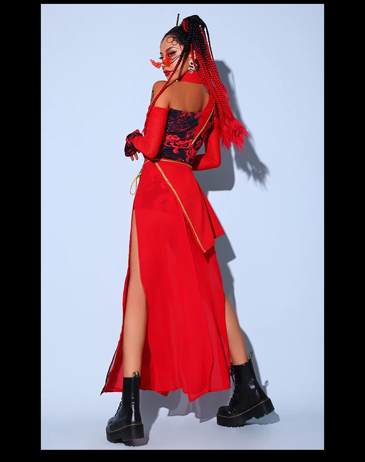 Chinese Style Women'S Jazz Performance Clothes Red Festival Outfits Hip Hop Clothes For Adults Gogo Dance Stage Costumes DQS6259 luvshop24