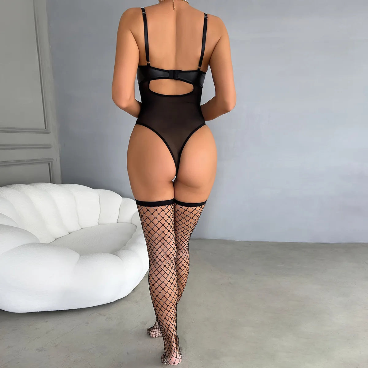N3684 Wholesale Femme Luxury Lace Leather Fishnet Stockings Mesh Erotic Intimates Hot Transparent Bodysuit Sexy Lingerie Women luvshop24
