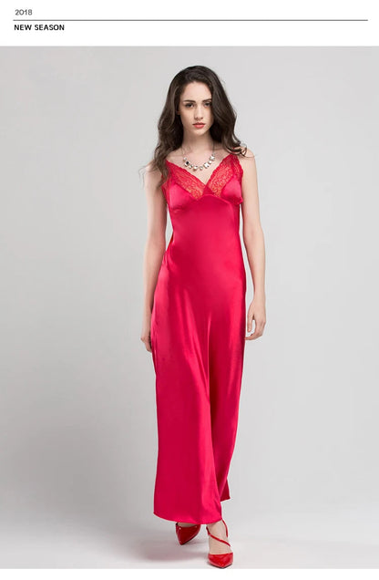 Lace Sexy Sling Sleeping Dress Satin Silk Sleepwear Women Faux Silk Long Bathrobes Female Sleeveless V-Neck Nightgowns C1618 luvshop24