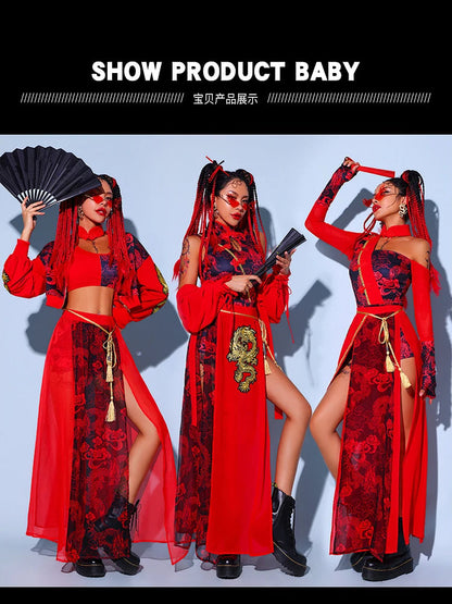 Chinese Style Women'S Jazz Performance Clothes Red Festival Outfits Hip Hop Clothes For Adults Gogo Dance Stage Costumes DQS6259 luvshop24