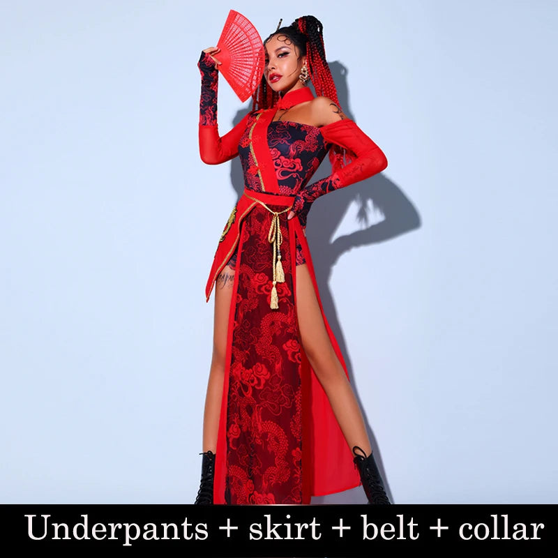 Chinese Style Women'S Jazz Performance Clothes Red Festival Outfits Hip Hop Clothes For Adults Gogo Dance Stage Costumes DQS6259 luvshop24
