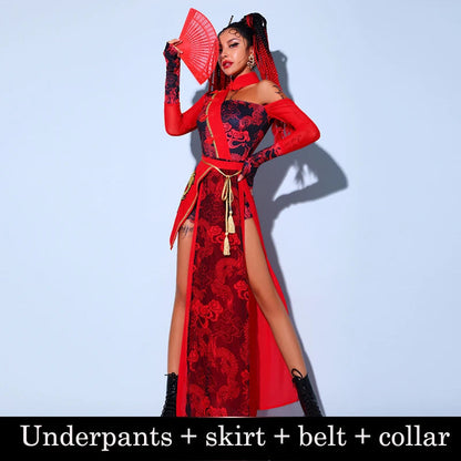 Chinese Style Women'S Jazz Performance Clothes Red Festival Outfits Hip Hop Clothes For Adults Gogo Dance Stage Costumes DQS6259 luvshop24