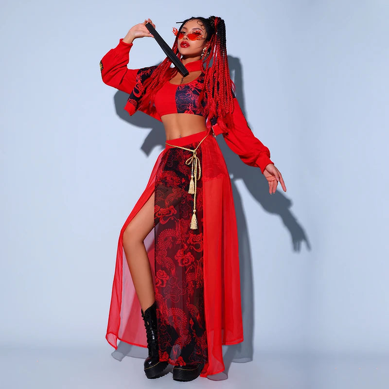 Chinese Style Women'S Jazz Performance Clothes Red Festival Outfits Hip Hop Clothes For Adults Gogo Dance Stage Costumes DQS6259 luvshop24