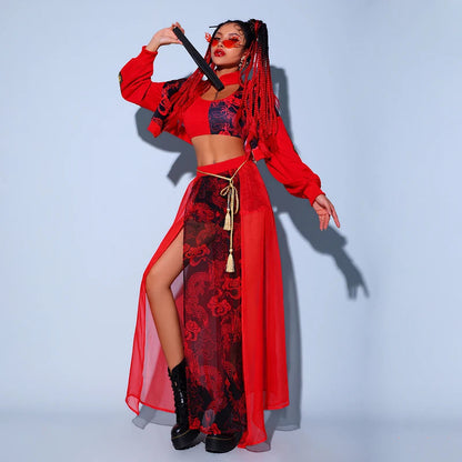 Chinese Style Women'S Jazz Performance Clothes Red Festival Outfits Hip Hop Clothes For Adults Gogo Dance Stage Costumes DQS6259 luvshop24