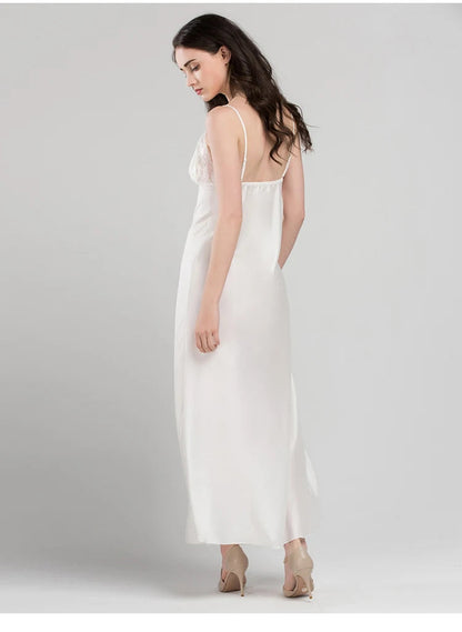 Lace Sexy Sling Sleeping Dress Satin Silk Sleepwear Women Faux Silk Long Bathrobes Female Sleeveless V-Neck Nightgowns C1618 luvshop24
