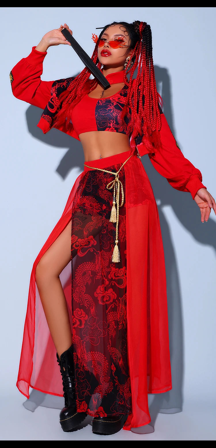Chinese Style Women'S Jazz Performance Clothes Red Festival Outfits Hip Hop Clothes For Adults Gogo Dance Stage Costumes DQS6259 luvshop24