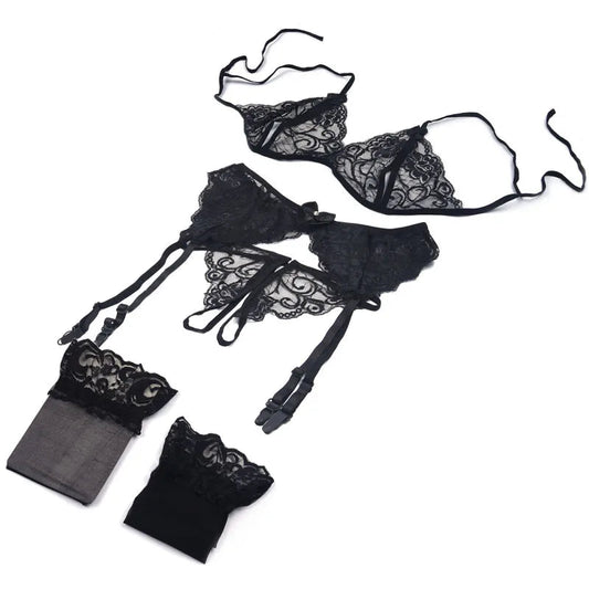 Lace Women Lingerie Set 4 Pcs Sling Open Bra Sexy Wiht Garter Panties Push Up Bra Set Erotic Transparent Underwear Net Stockings luvshop24