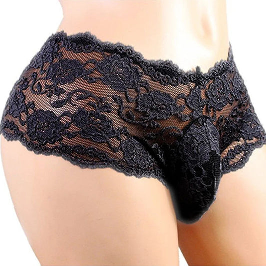 Erotic Solid Color Underwear Mid-Waist Briefs Sexy Men'S Lace Panties Male Transparent Breathable Soft Comfortable Underpants luvshop24