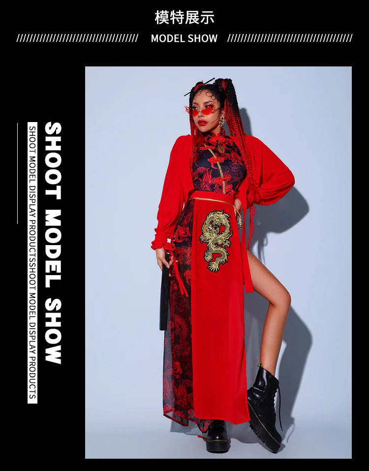 Chinese Style Women'S Jazz Performance Clothes Red Festival Outfits Hip Hop Clothes For Adults Gogo Dance Stage Costumes DQS6259 luvshop24
