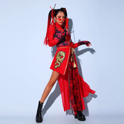 Chinese Style Women'S Jazz Performance Clothes Red Festival Outfits Hip Hop Clothes For Adults Gogo Dance Stage Costumes DQS6259 luvshop24