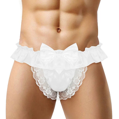 Men Sissy Bow-knot See-through Panties Satin Bikini G-String Thong Briefs Uniform Temptation Sexy Smooth Underwear Sleepwear luvshop24