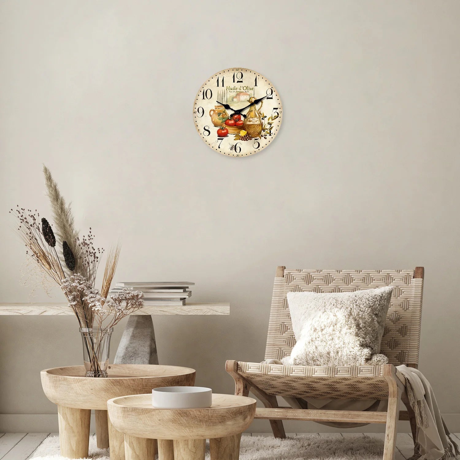 Retro Provence Olive Oil and Tomato Pattern Wooden Wall Clock Living Room Bedroom Kitchen Home Decoration Wall Clock Silent Quartz Clock Holiday Gift 10 Inches 12 Inches 14 Inches 16inch (Without Batteries) luvshop24