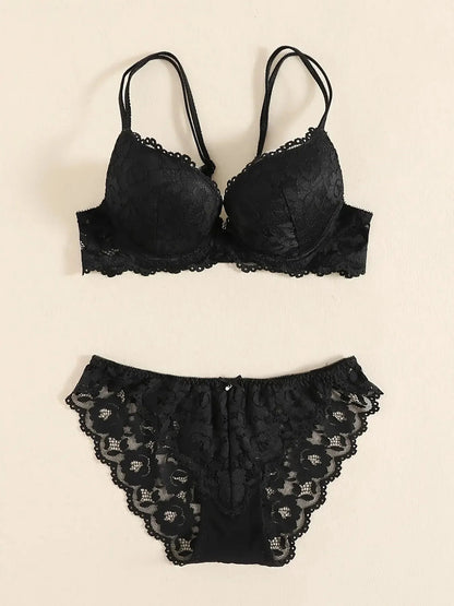 1 Set Elegant Erotic Lace Embroidery Breathable Fabric Lingeries : Push-Up Bra, Low Waist Sheer Panty - Ultimate Valentine's Day luvshop24