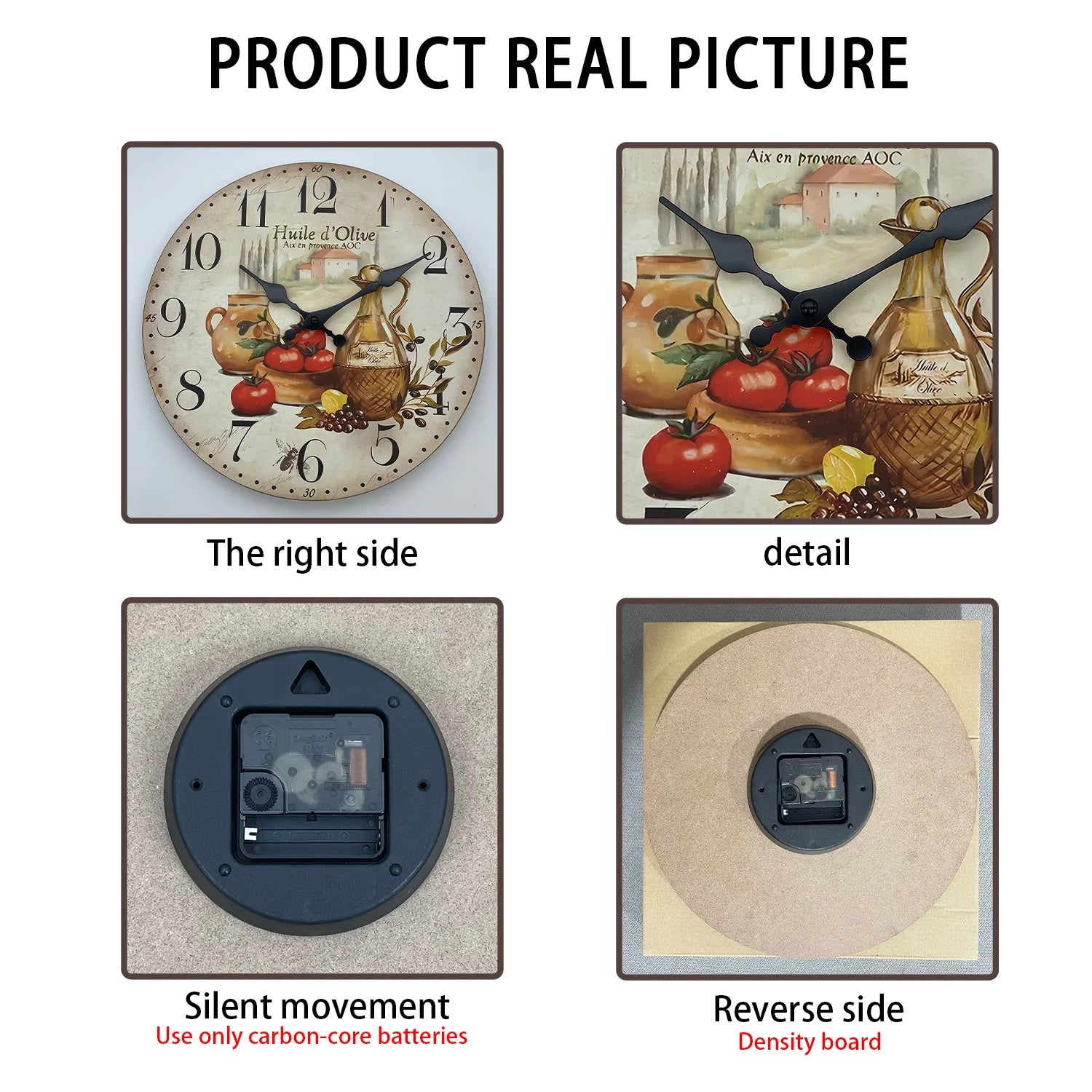 Retro Provence Olive Oil and Tomato Pattern Wooden Wall Clock Living Room Bedroom Kitchen Home Decoration Wall Clock Silent Quartz Clock Holiday Gift 10 Inches 12 Inches 14 Inches 16inch (Without Batteries) luvshop24