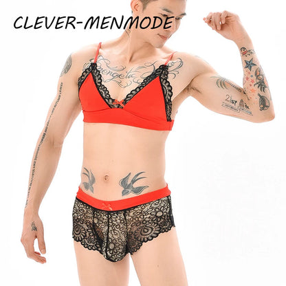 Men Sexy Crossdressing Erotic Sissy Lingerie See Through Mesh Lace Gay Underwear Male Bra Top Transparent Boxers Fetish Customs luvshop24