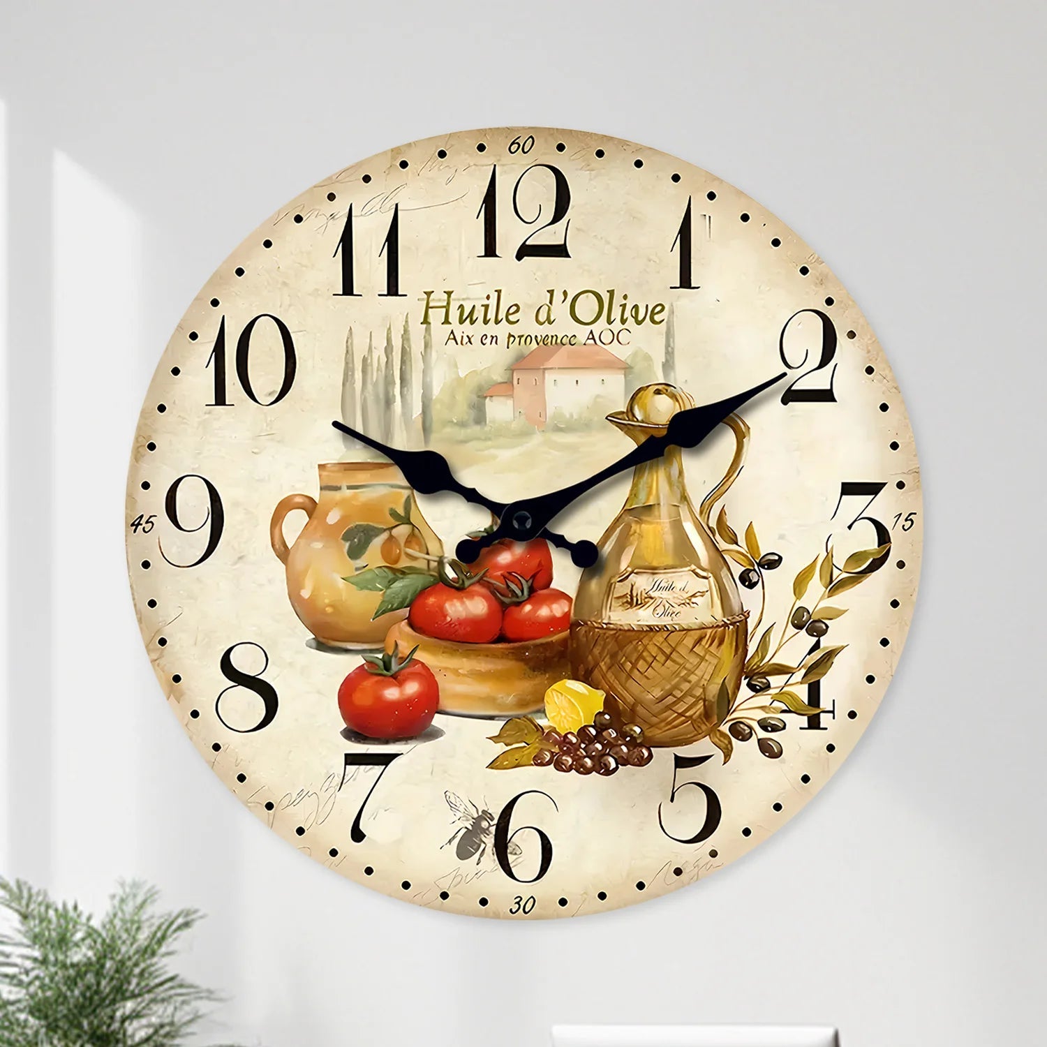 Retro Provence Olive Oil and Tomato Pattern Wooden Wall Clock Living Room Bedroom Kitchen Home Decoration Wall Clock Silent Quartz Clock Holiday Gift 10 Inches 12 Inches 14 Inches 16inch (Without Batteries) luvshop24
