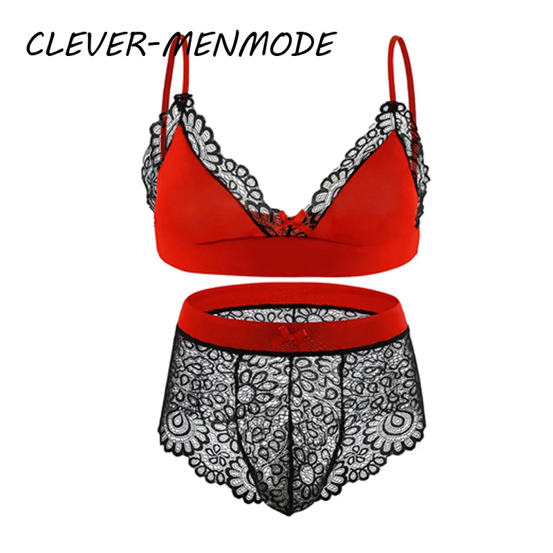 Men Sexy Crossdressing Erotic Sissy Lingerie See Through Mesh Lace Gay Underwear Male Bra Top Transparent Boxers Fetish Customs luvshop24