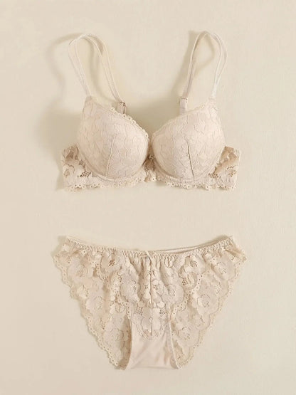 1 Set Elegant Erotic Lace Embroidery Breathable Fabric Lingeries : Push-Up Bra, Low Waist Sheer Panty - Ultimate Valentine's Day luvshop24