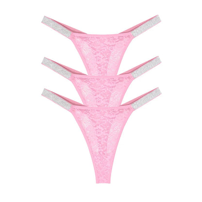 3pcs Sexy Thongs Lace Women Underwear Perspective Floral Panties Low Rise Two Shiny Belts G-string Comfortable Intimate Lingerie luvshop24