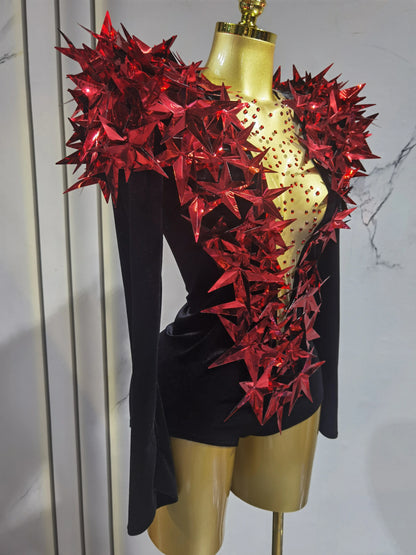2025 New Shiny Black Rhinestone Velvet Long Sleeve Bodysuit Women Evening Party Club Gala Hosts NightClub Bar Stage Costumes luvshop24