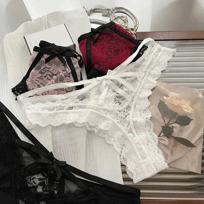 ﻿ Lace Bow Sexy Thong Transparent Women's Lingerie Low Waist Flower Embroidery Mesh Perspective Hollowed Panties Briefs luvshop24