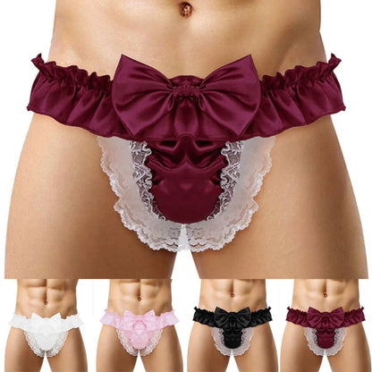 Men Sissy Bow-knot See-through Panties Satin Bikini G-String Thong Briefs Uniform Temptation Sexy Smooth Underwear Sleepwear luvshop24