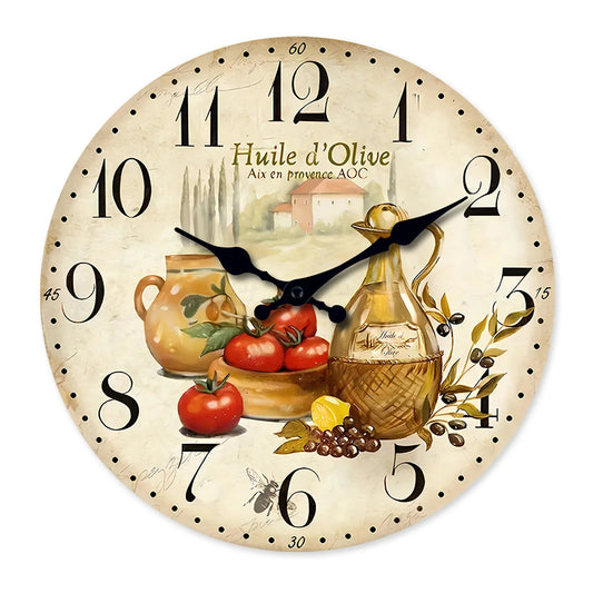 Retro Provence Olive Oil and Tomato Pattern Wooden Wall Clock Living Room Bedroom Kitchen Home Decoration Wall Clock Silent Quartz Clock Holiday Gift 10 Inches 12 Inches 14 Inches 16inch (Without Batteries) luvshop24