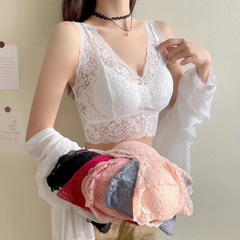 Lace Bras Top Women Deep V Neck Sexy Lingerie Wire Free Bra Tank Tops Female Underwear V Back Bralette Padded Camisole luvshop24