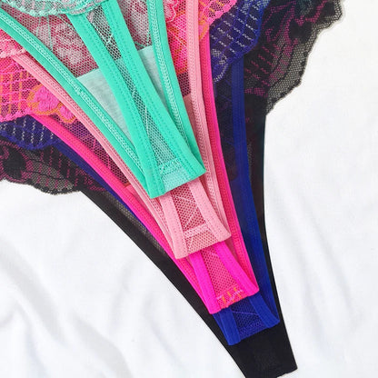 5pcs Lace Ladies G-string Perspective Floral Panties Low Waist Sexy Female Thongs Comfortable Breathable Intimate Lingerie Set luvshop24