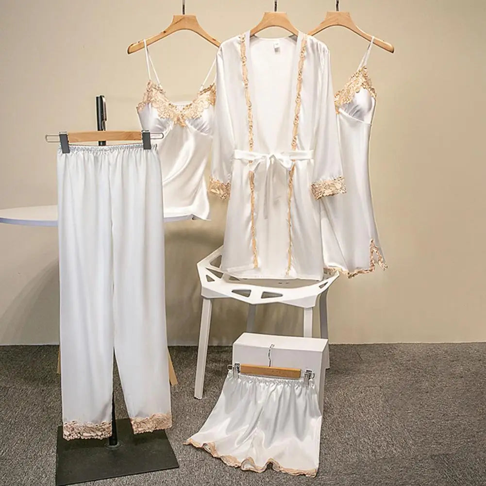 Women's Summer Sexy Pajama Pants Set 5 Pieces Nightgown Nightdress Top Shorts Pants Set Lace Satin Silk Sleepwear Robe Sleepwear luvshop24