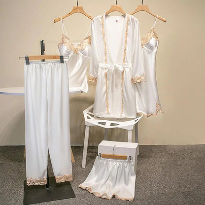 Women's Summer Sexy Pajama Pants Set 5 Pieces Nightgown Nightdress Top Shorts Pants Set Lace Satin Silk Sleepwear Robe Sleepwear luvshop24