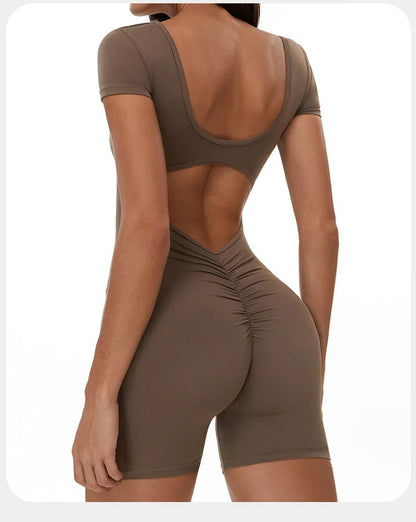 Womens Sports Bodysuit Short Sleeve Jumpsuits Stretch One Piece Set Romper Sexy Scrunch Butt Fitness Jumpsuit Female Sportwears luvshop24