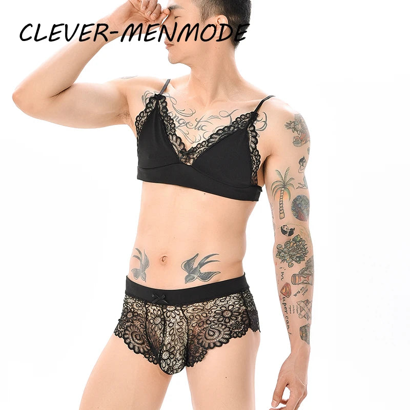 Men Sexy Crossdressing Erotic Sissy Lingerie See Through Mesh Lace Gay Underwear Male Bra Top Transparent Boxers Fetish Customs luvshop24