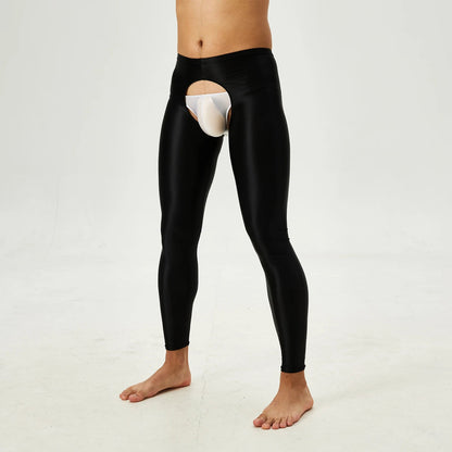 Glossy Crotchless Open Butt Leggings Mens Gays Erotic Nightwear Underpants High Waist Slim Fit Tights Underwear Baselayer Pants luvshop24