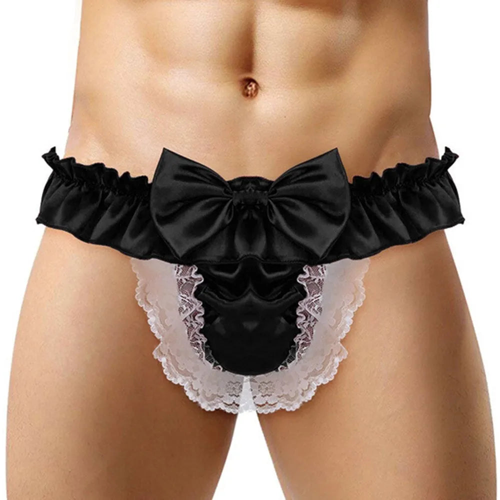 Men Sissy Bow-knot See-through Panties Satin Bikini G-String Thong Briefs Uniform Temptation Sexy Smooth Underwear Sleepwear luvshop24