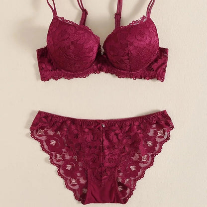 1 Set Elegant Erotic Lace Embroidery Breathable Fabric Lingeries : Push-Up Bra, Low Waist Sheer Panty - Ultimate Valentine's Day luvshop24