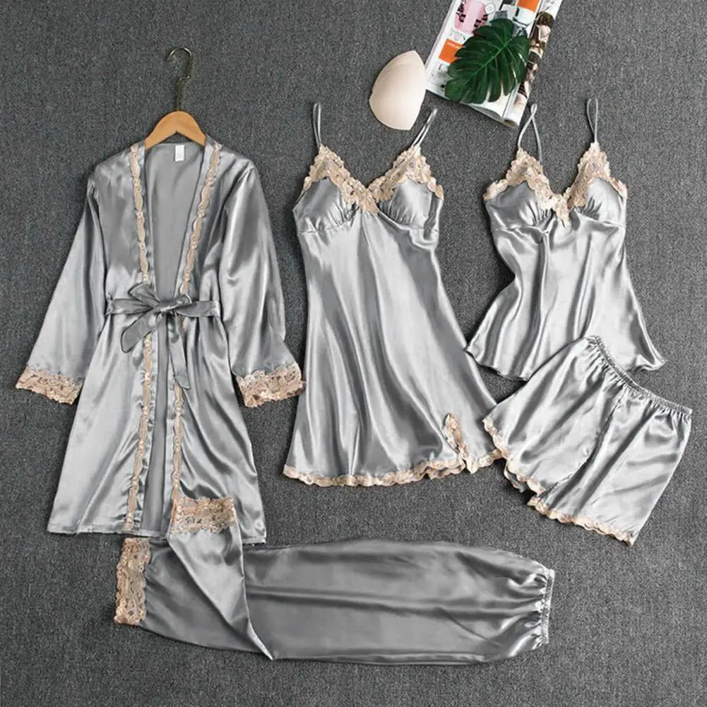 Women's Summer Sexy Pajama Pants Set 5 Pieces Nightgown Nightdress Top Shorts Pants Set Lace Satin Silk Sleepwear Robe Sleepwear luvshop24