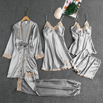 Women's Summer Sexy Pajama Pants Set 5 Pieces Nightgown Nightdress Top Shorts Pants Set Lace Satin Silk Sleepwear Robe Sleepwear luvshop24
