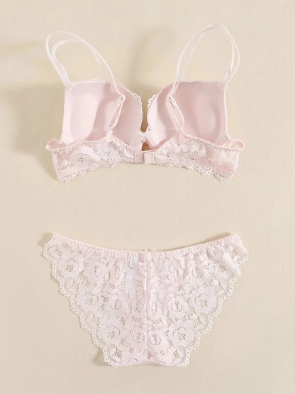 1 Set Elegant Erotic Lace Embroidery Breathable Fabric Lingeries : Push-Up Bra, Low Waist Sheer Panty - Ultimate Valentine's Day luvshop24
