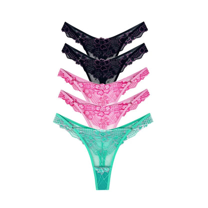 5pcs Lace Ladies G-string Perspective Floral Panties Low Waist Sexy Female Thongs Comfortable Breathable Intimate Lingerie Set luvshop24