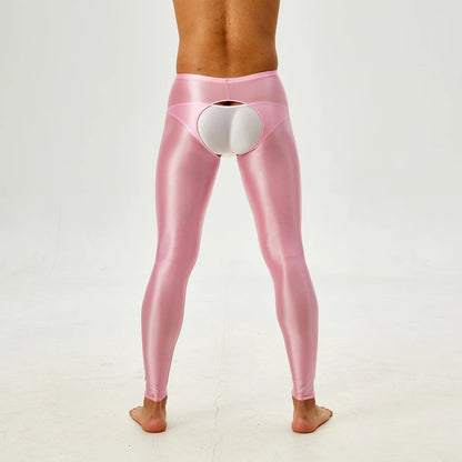 Glossy Crotchless Open Butt Leggings Mens Gays Erotic Nightwear Underpants High Waist Slim Fit Tights Underwear Baselayer Pants luvshop24